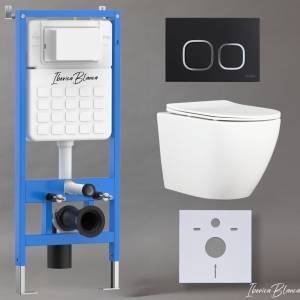 Унитаз с инсталляцией Iberica Blanca Bilbao Alto IB001.BLA.234.832 безободковый, с крышкой-сиденьем микролифт, с черной матовой кнопкой