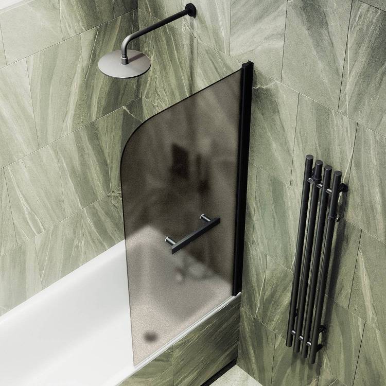 Шторка на ванну MaybahGlass MGV-772-6 50x140, поворотная, стекло бронза матовая 6 мм, профиль черный, с полотенцедержателем