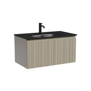 Тумба с раковиной Sancos Code подвесная, 80x46x42, с одним ящиком оснащенным доводчиками, Серая платина, раковина черная