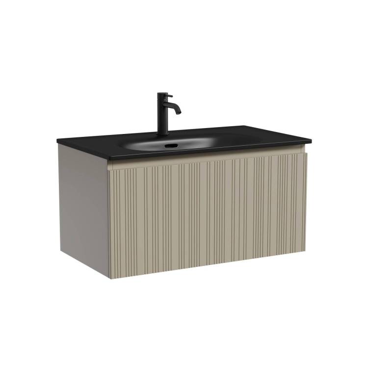 Тумба с раковиной Sancos Code подвесная, 80x46x42, с одним ящиком оснащенным доводчиками, Серая платина, раковина черная
