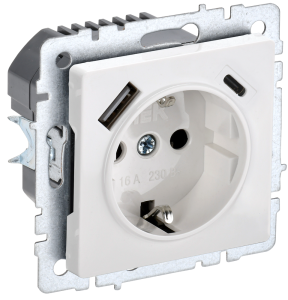 Розетка 1-местная с заземлением, шторками и USB Type A+С IEK Brite BR-R14-16-U22-018-K01 белый