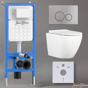 Унитаз с инсталляцией Iberica Blanca Bilbao Alto IB001.BLA.234.8132 безободковый, с крышкой-сиденьем микролифт, с кнопкой матовый хром