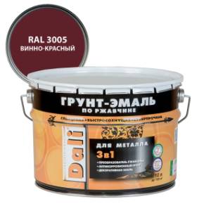 Грунт-эмаль по ржавчине 3 в 1 гладкая алкидная Dali RAL 3005 винно-красный 10 л
