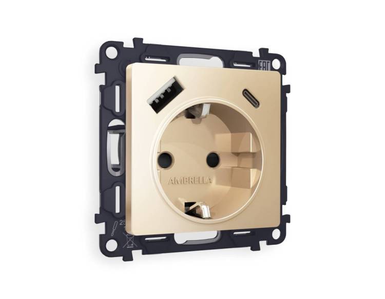 Комплект механизма электрической розетки 2USB A+C 20W (быстрая зарядка) с заземлением Ambrella Volt Alfa MA610010
