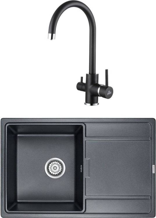 Комплект Paulmark Flugen PM217850-BLM черный металлик + Смеситель Paulmark Essen Es213211-418 для кухонной мойки, черный металлик