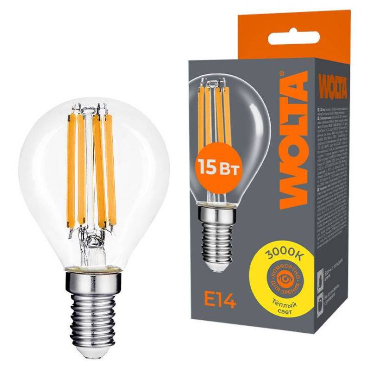 Светодиодная лампа Wolta Filament WF-G45-15W3KE14