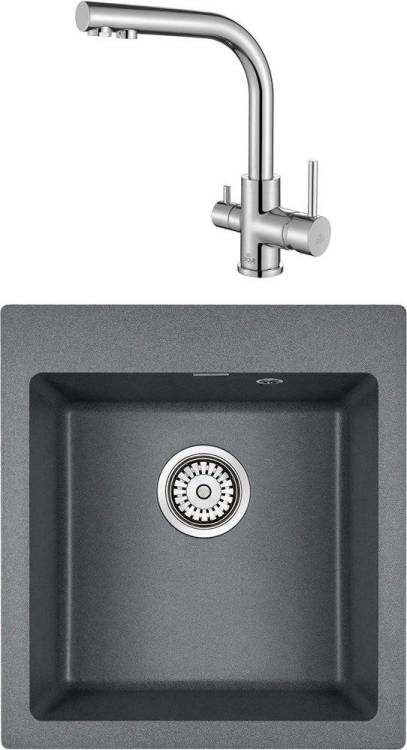 Комплект Paulmark Zemar PM104651-DG графит + Смеситель Paulmark Essen 213011-СR для кухонной мойки, хром