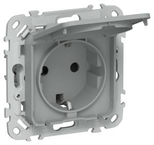 Розетка 1-местная с заземлением, шторками и крышкой IEK Flite FI-R16-16-1-44-K03 серый