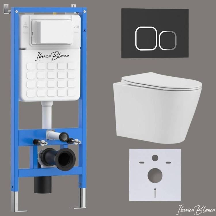 Унитаз с инсталляцией Iberica Blanca Burgos Alto IB001.BRA.231.832 безободковый, с крышкой-сиденьем микролифт, с черной матовой кнопкой