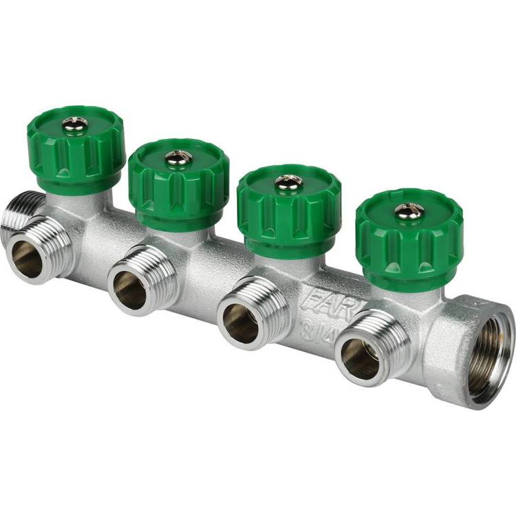 Коллектор распределительный Far FK 3824 3412UN FAR 3/4", проходной, хромированный, 4 отвода 1/2" плоское уплотнение