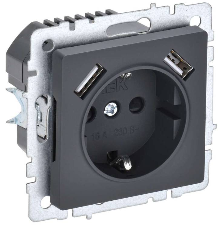 Розетка 1-местная с заземлением, шторками и USB Type A+A IEK Brite BR-R14-16-U21-D31-K53 графит