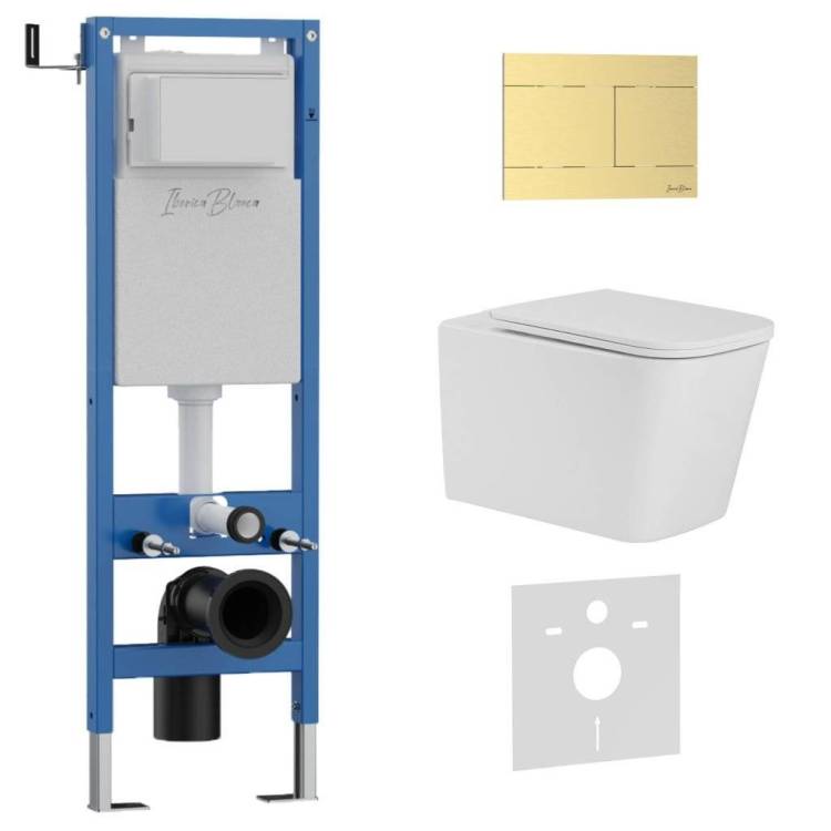 Унитаз с инсталляцией Iberica Blanca Toledo Alto IB.001M.TLA.234.1503 безободковый, с крышкой-сиденьем микролифт, с кнопкой матовое золото