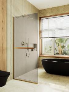 Душевая перегородка MaybahGlass MGD-727-3у 79x195, стекло бронза 8 мм, профиль золото