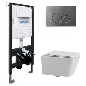 Комплект Abber Rechteck AC1201-AC0105-AC0121NG унитаз подвесной, безободковый, сиденье микролифт, белый, кнопка никель