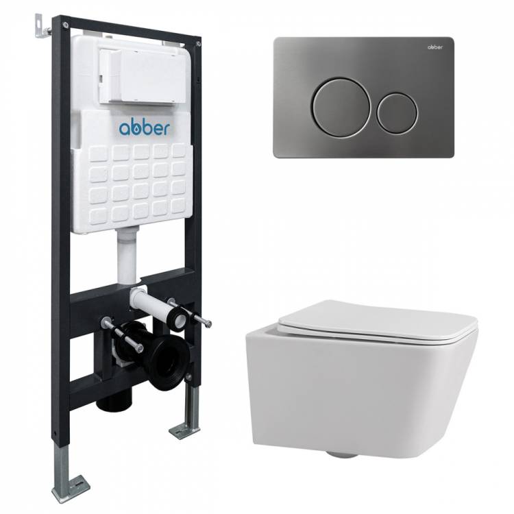 Комплект Abber Rechteck AC1201-AC0105-AC0121NG унитаз подвесной, безободковый, сиденье микролифт, белый, кнопка никель