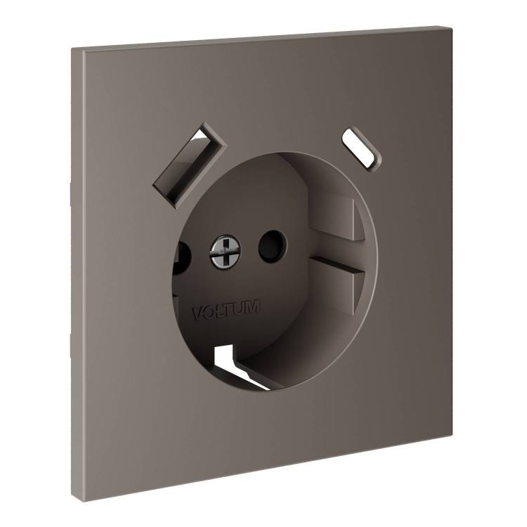 Лицевая панель для розетки с заземлением, шторками и USB Type A+C Voltum S70 VLS001014 капучино