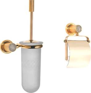 Набор Boheme Ершик Royal Cristal Gold подвесной + Держатель туалетной бумаги Royal Cristal Cold с крышкой