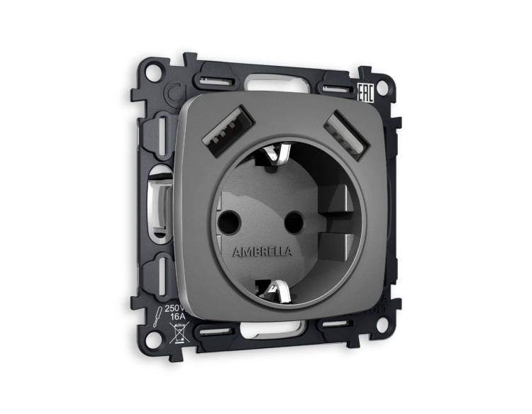 Комплект механизма электрической розетки 2USB A+A 18W (быстрая зарядка) с заземлением Ambrella Volt Omega MO659010