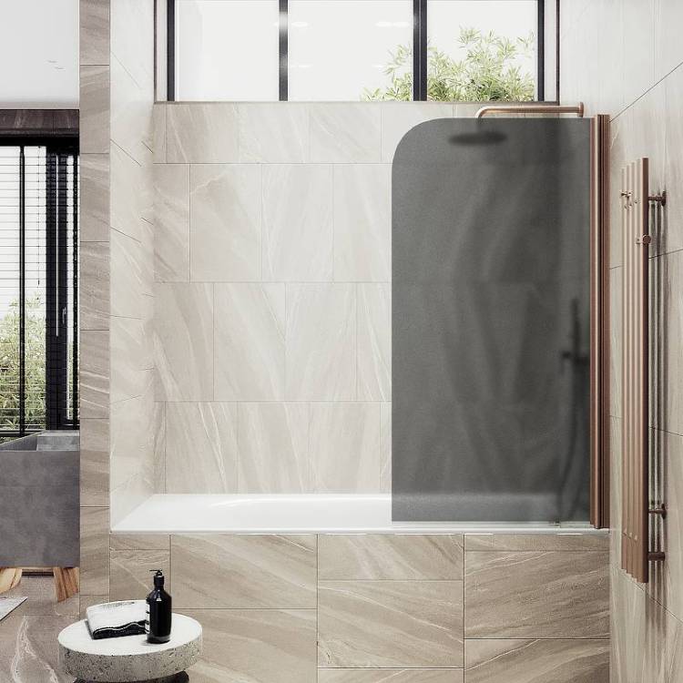 Шторка на ванну MaybahGlass MGV-604-2 поворотная, на монопетле, стекло графит матовый, профиль бронза, 1400x400
