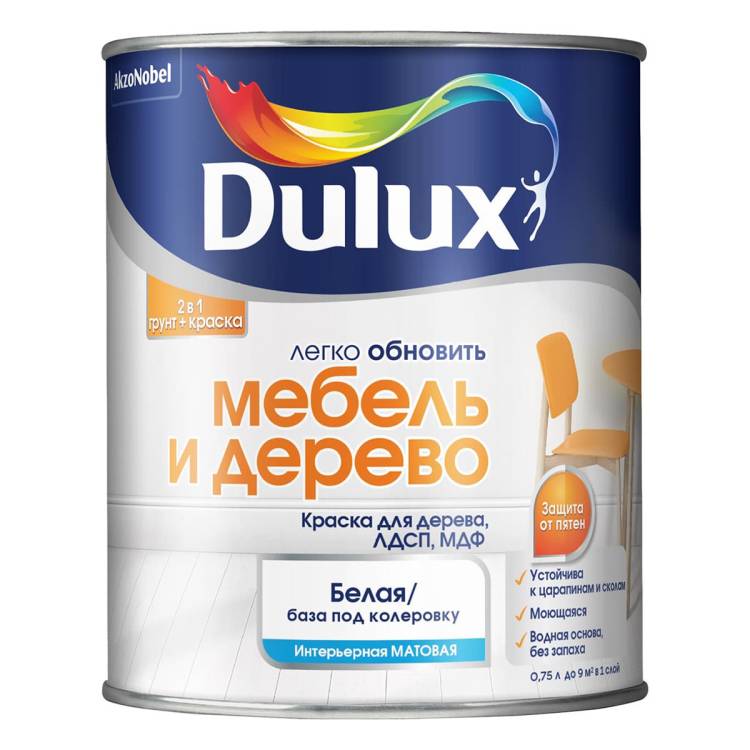 Краска для дерева водно-дисперсионная Dulux Мебель и Дерево матовая база BW 0.75 л