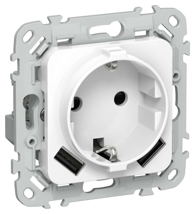 Розетка 1-местная с заземлением, шторками и USB Type A+A IEK Flite FI-R14-16-U21-D31-K01 белый