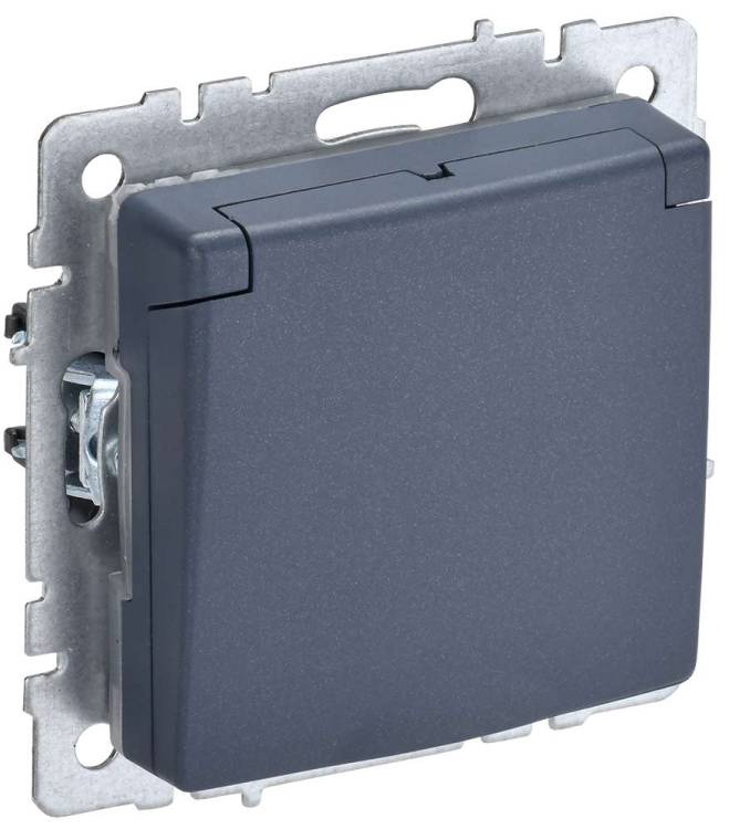 Розетка 1-местная с заземлением, шторками и крышкой IEK Brite BR-R16-16-K35 маренго