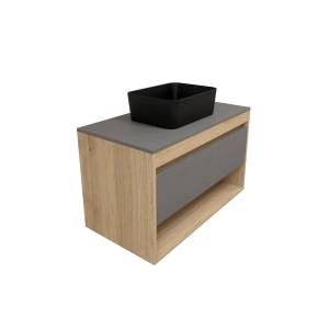 Тумба с раковиной Teymi Ritta подвесная, дуб, графит, 85 см, с раковиной Helmi Mini 40 черная матовая