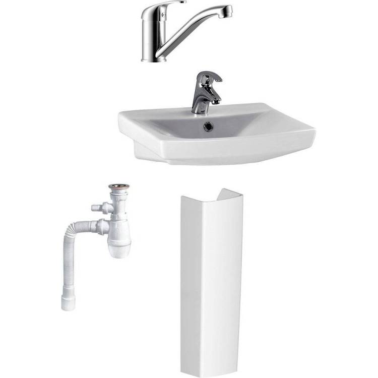 Комплект Раковина Cersanit Carina 50 + Пьедестал Sanita Аттика + Смеситель Rossinka Y Y35-22 + Сифон Wirquin Минор с отводом для стиральной машины