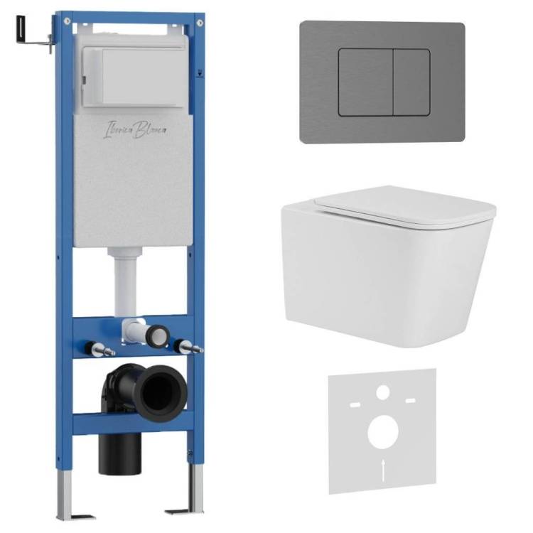 Унитаз с инсталляцией Iberica Blanca Toledo Alto IB.001M.TLA.234.1180 безободковый, с крышкой-сиденьем микролифт, с кнопкой вороненая сталь