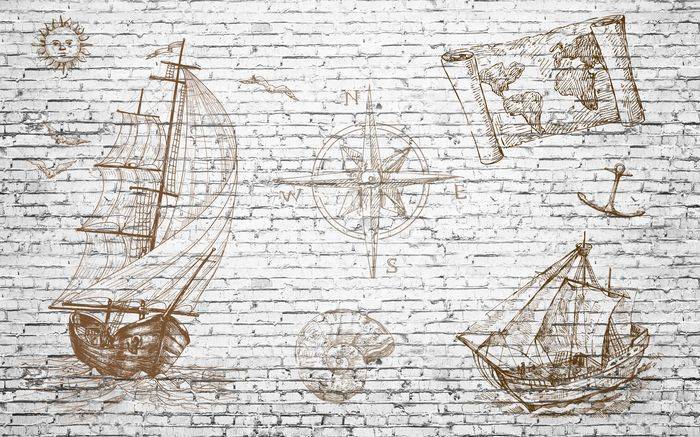 3D Фотообои Artegrafico «Кирпичная стена с фрегатом» LOFT-002 песок