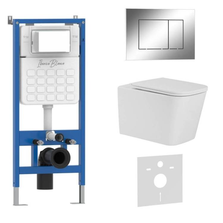 Комплект Iberica Blanca Toledo Alto IB001.TLA.231.852 унитаз безободковый, белый, сиденье микролифт, клавиша смыва хром глянцевый