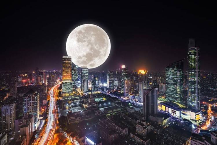 3D Фотообои Artegrafico «Суперлуние над ночным городом» G010 канвас