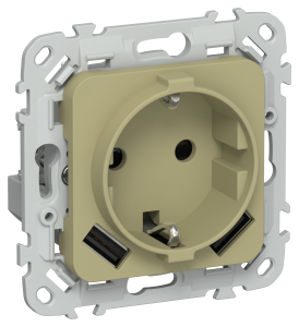 Розетка 1-местная с заземлением, шторками и USB Type A+A IEK Flite FI-R14-16-1-U21-D31-K26 оливковый