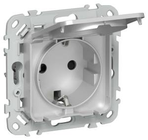 Розетка 1-местная с заземлением, шторками и крышкой IEK Flite FI-R16-16-1-44-K47 алюминий