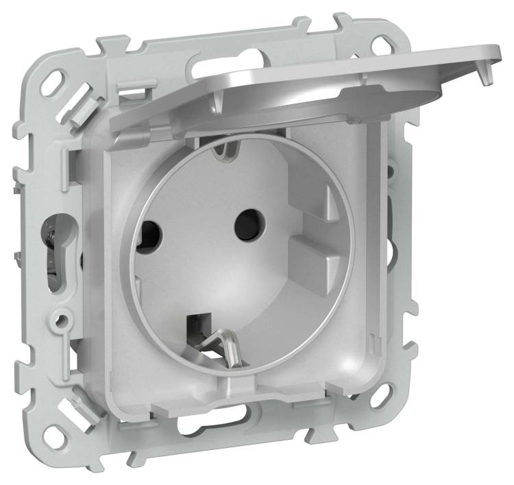 Розетка 1-местная с заземлением, шторками и крышкой IEK Flite FI-R16-16-1-44-K47 алюминий