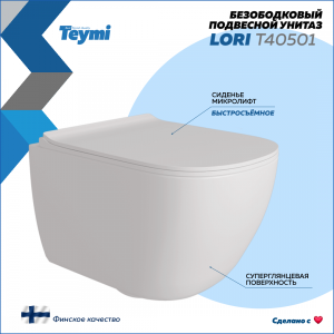 Унитаз подвесной Teymi Lori T40501 безободковый, с сиденьем микролифт, белый