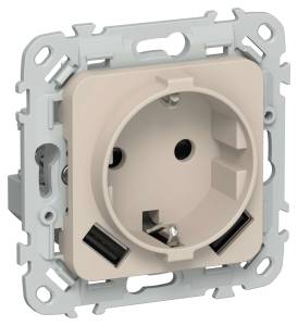 Розетка 1-местная с заземлением, шторками и USB Type A+A IEK Flite FI-R14-16-1-U21-D31-K88 льняной