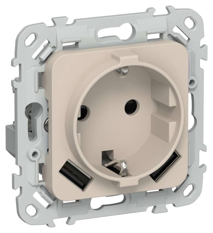 Розетка 1-местная с заземлением, шторками и USB Type A+A IEK Flite FI-R14-16-1-U21-D31-K88 льняной