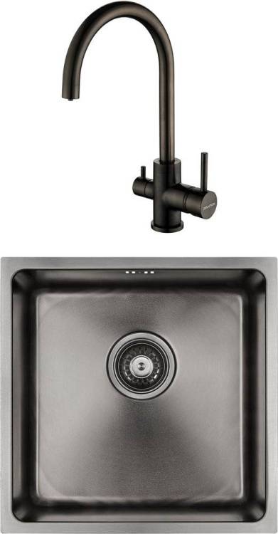 Комплект Paulmark Lassan PM304444-GM вороненая сталь + Смеситель Paulmark Essen Es213211-GM для кухонной мойки, вороненая сталь