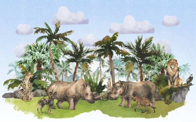 3D Фотообои Artegrafico «Животные на фоне гор в тропиках на голубом» NKID-021 канвас