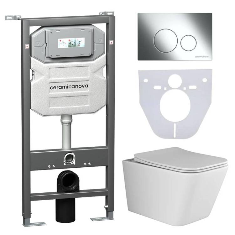 Комплект Унитаз подвесной Ceramica Nova Metric CN3007 + Система инсталляции Envision CN1001CH с кнопкой смыва хром и шумоизоляционной панелью CN1000