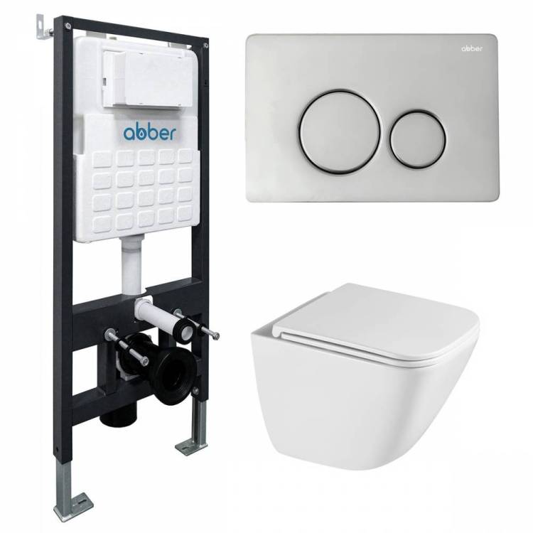 Унитаз с инсталляцией Abber Rechteck AC1220TC-AC0105-AC0121 безободковый, сиденье микролифт, кнопка хром глянцевый