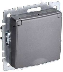 Розетка 1-местная с заземлением, шторками и крышкой IEK Brite BR-R16-16-44-K46 сталь