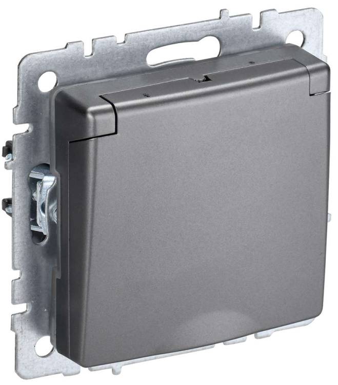 Розетка 1-местная с заземлением, шторками и крышкой IEK Brite BR-R16-16-44-K46 сталь