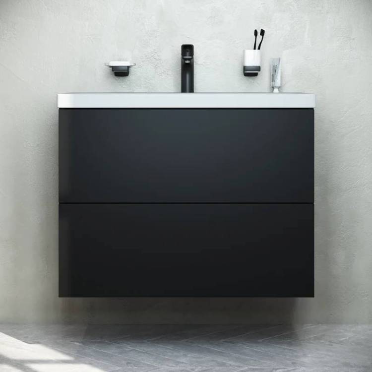 Тумба с раковиной AM.PM Gem 75 черная матовая, подвесная, с 2 ящиками, с белой раковиной