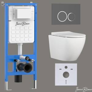 Унитаз с инсталляцией Iberica Blanca Bilbao Alto IB001.BLA.234.827 безободковый, с крышкой-сиденьем микролифт, с серой матовой кнопкой