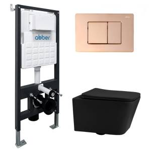 Комплект Abber Rechteck AC1201MB-AC0105-AC0120RG унитаз подвесной, безободковый, сиденье микролифт, черный матовый, кнопка золото розовое