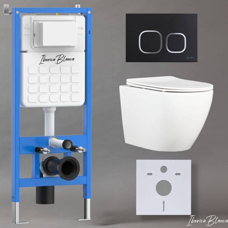 Унитаз с инсталляцией Iberica Blanca Bilbao Alto IB001.BLA.231.832 безободковый, с крышкой-сиденьем микролифт, с черной матовой кнопкой
