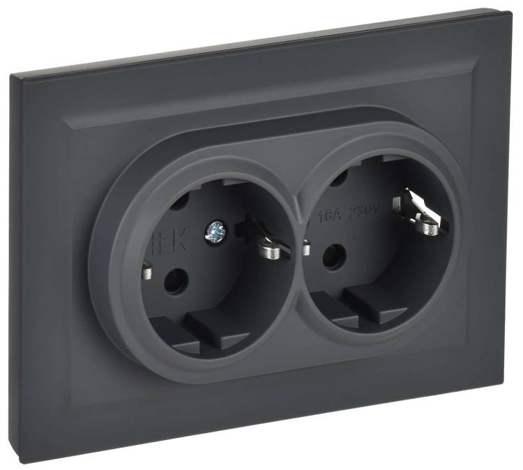Розетка 2-местная с заземлением и шторками IEK Brite BR-R24-16-K53-F графит