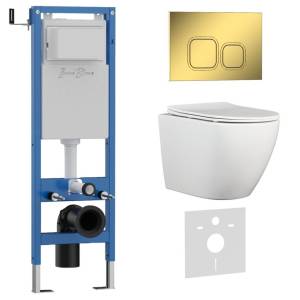 Унитаз с инсталляцией Iberica Blanca Bilbao Alto IB.001M.BLA.231.836 безободковый, с крышкой-сиденьем микролифт, с кнопкой глянцевое золото